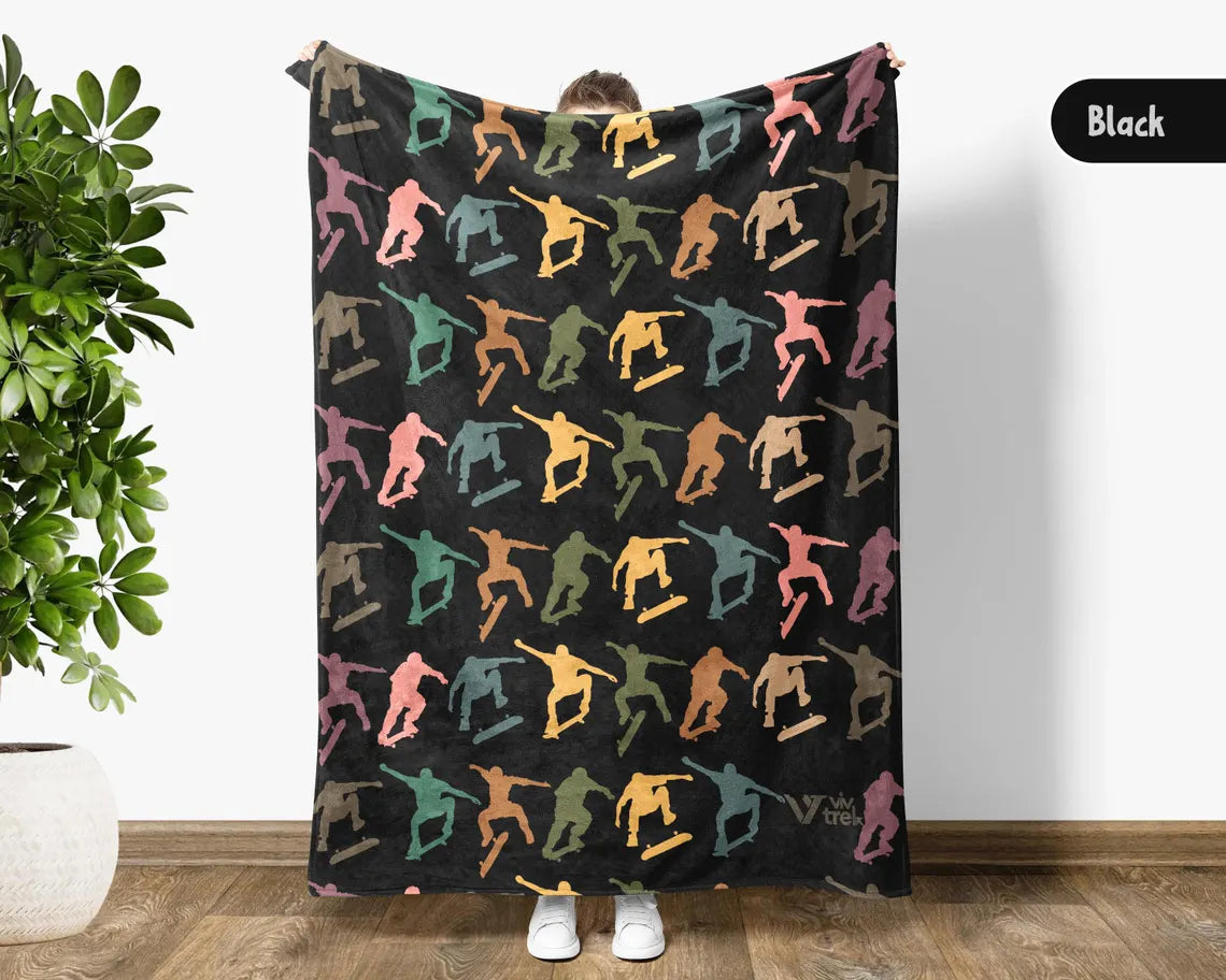 Vintage Skateboarding Blanket, Cozy Skateboard Lover Throw, Sports Fleece Blanket, Unique Skateboard Decor, Graphic Gift for Skate Fans