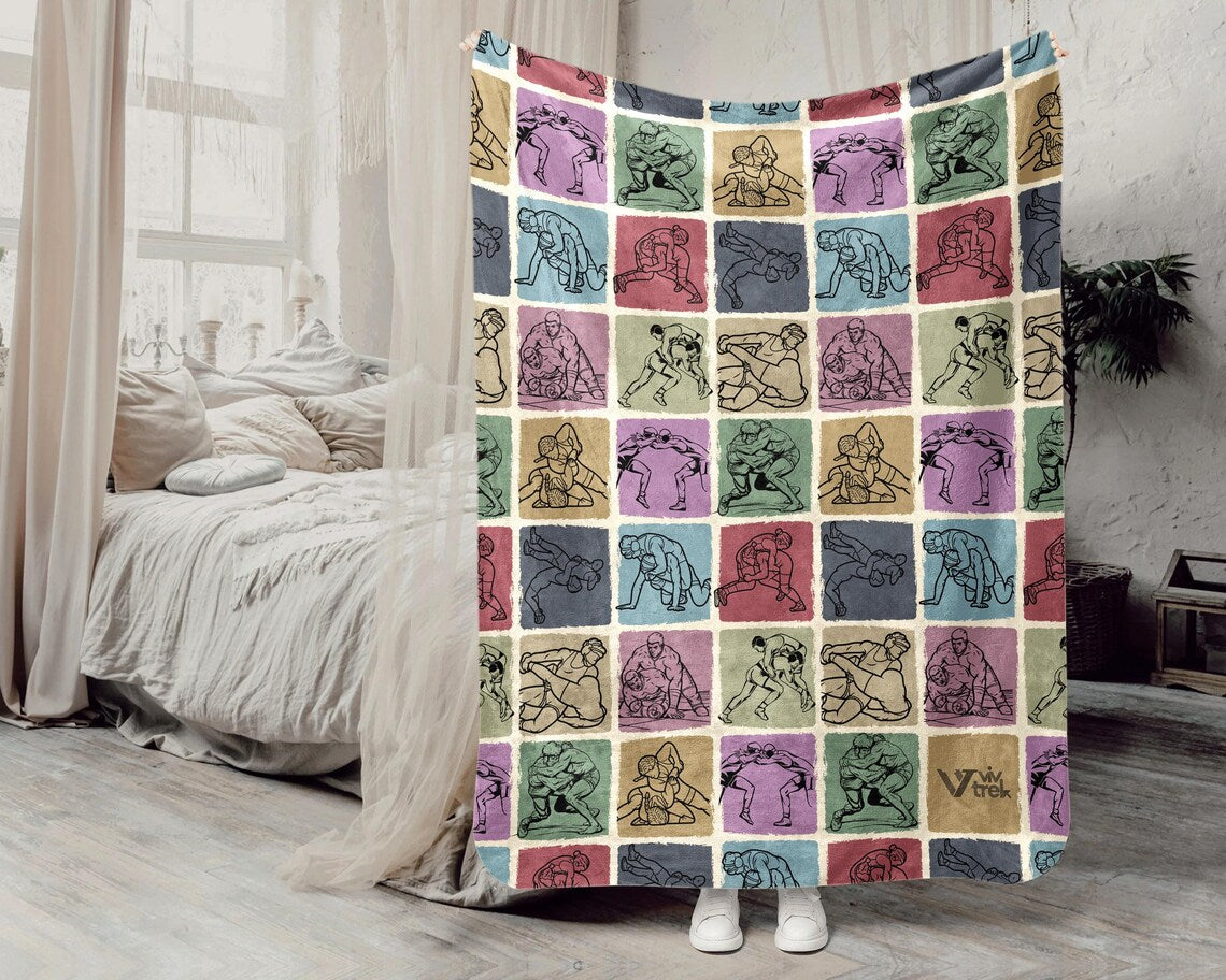 Vintage Wrestling Gift Blanket - Retro Wrestler Lover Throw - Cozy Sports Fleece Unique Wrestling Decor Graphic Throw
