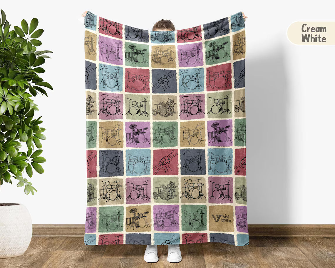 Vintage Drummer Gift Blanket - Retro Drum Lover Throw - Cozy Musician Fleece Blanket Drummer Graphic Home Decor