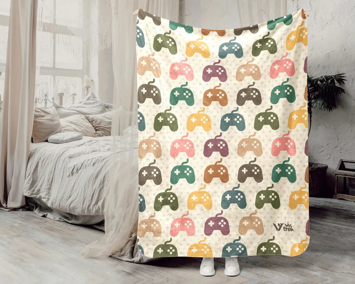Retro Video Gaming Gift Blanket - Vintage Gamer Lover Throw - Cozy Fleece Video Game Graphic Blankets Unique Decor