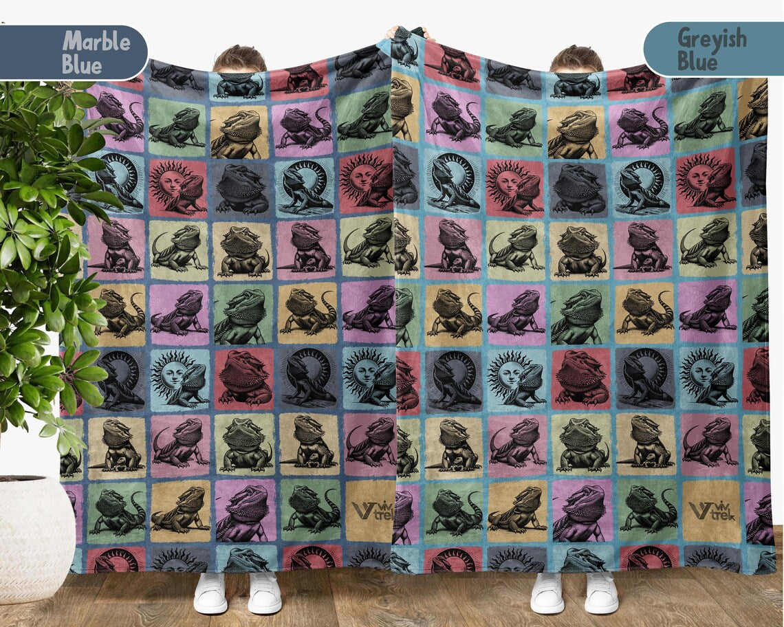 Bearded Dragon Gift Blanket | Vintage Bearded Dragon Lover Throw | Retro Animal Fleece Blankets | Cozy Bearded Dragon Graphic for Home