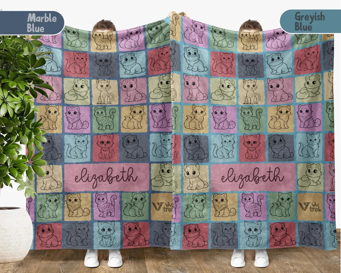 Custom Cat Lover Blanket Personalized Name Kitty Vintage Throw - Cute Kitten Gift Cozy Cat Graphic Custom Blankets