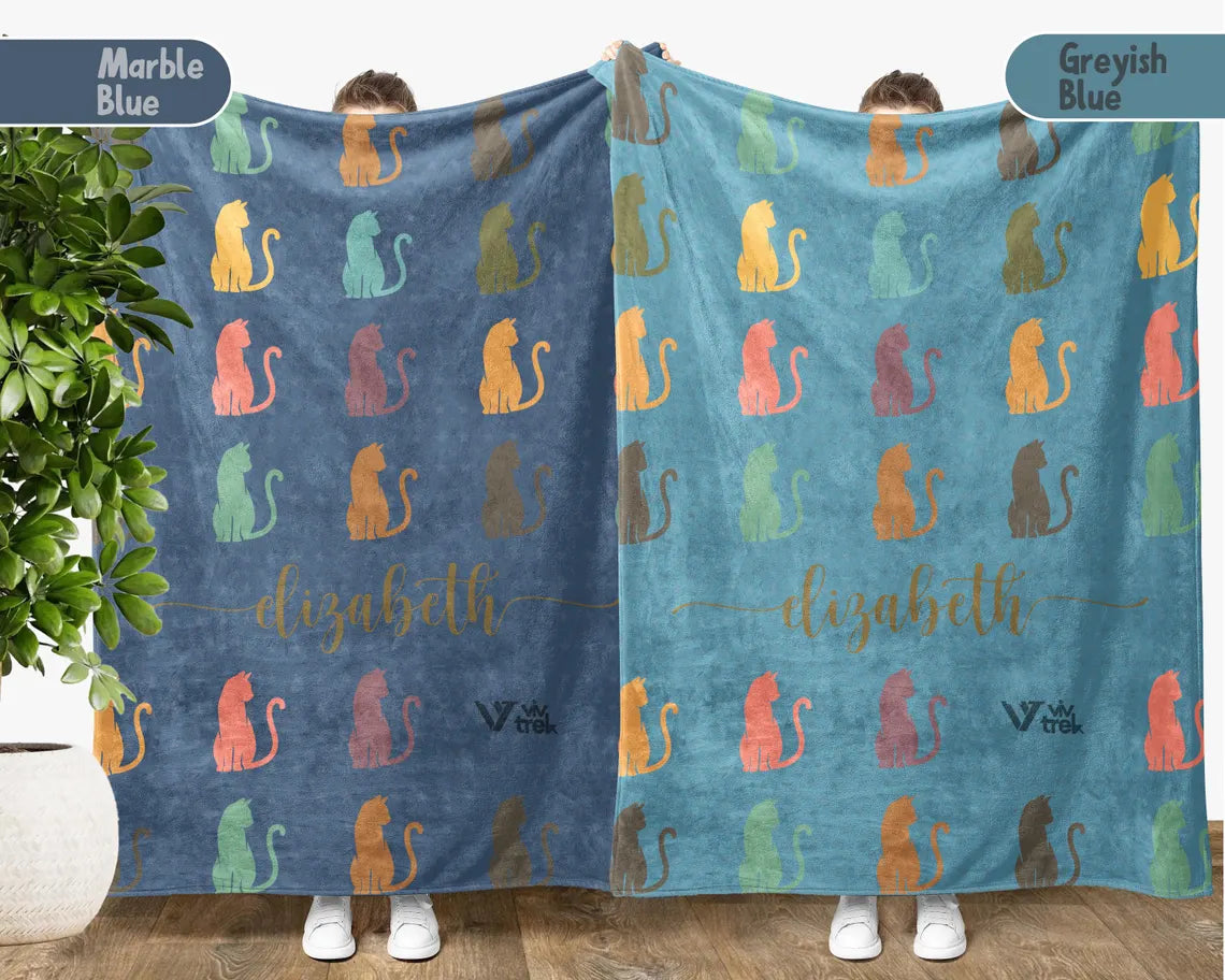 Custom Cat Lover Blanket Personalized Name Kitty Retro Throw - Cute Kitten Gift Cozy Cat Graphic Custom Blankets
