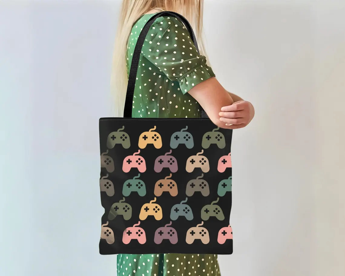 Retro Video Gaming Tote Bag | Vintage Controller Shoulder Bag | Reusable Gamer Carry Bag Gift for Console or PC Players