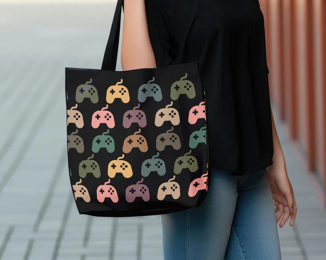 Retro Video Gaming Tote Bag | Vintage Controller Shoulder Bag | Reusable Gamer Carry Bag Gift for Console or PC Players