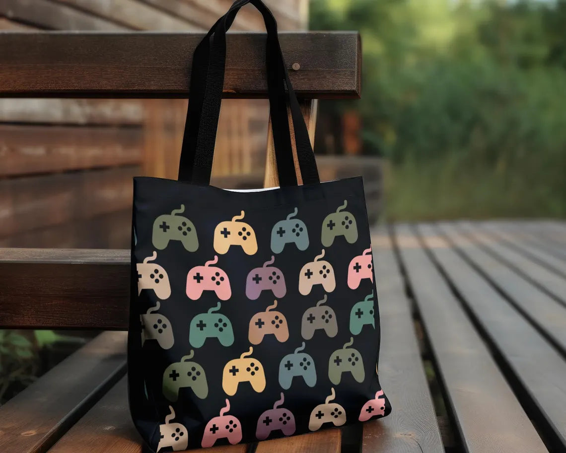 Retro Video Gaming Tote Bag | Vintage Controller Shoulder Bag | Reusable Gamer Carry Bag Gift for Console or PC Players