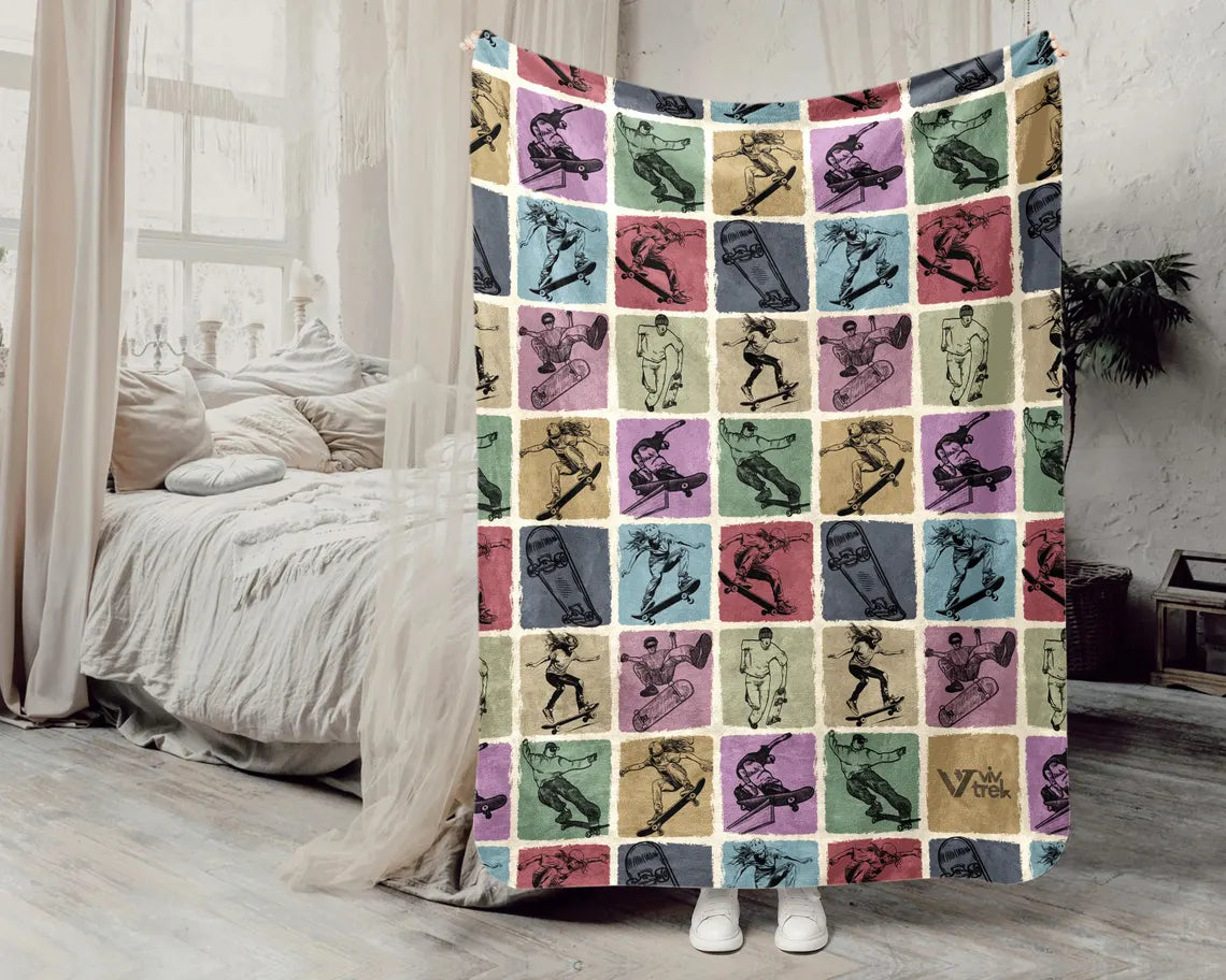 Vintage Skateboarding Gift Blanket, Cozy Skateboard Lover Throw, Unique Sports Fleece Blanket, Skateboard Graphic Decor, Gift for Skate Fans