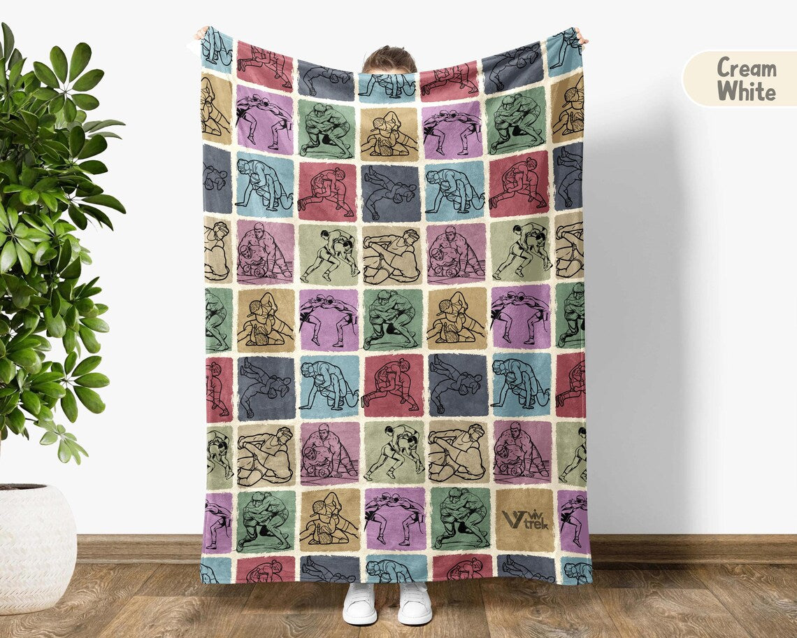 Vintage Wrestling Gift Blanket - Retro Wrestler Lover Throw - Cozy Sports Fleece Unique Wrestling Decor Graphic Throw