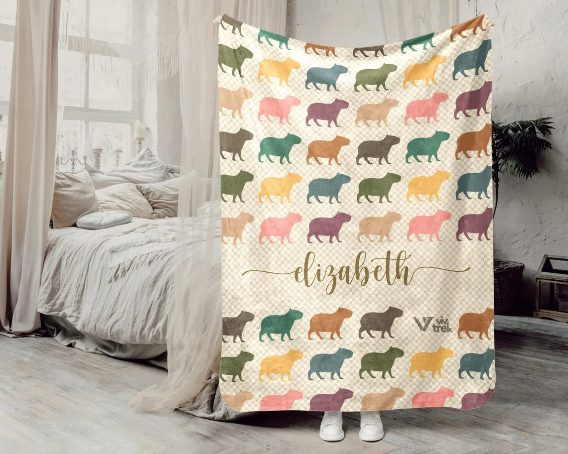 Personalized Name Capybara Blanket, Custom Name Capybara Owner Throw, Vintage Capybara Blanket, Retro Rodent Blanket, Cozy Capybara Gift