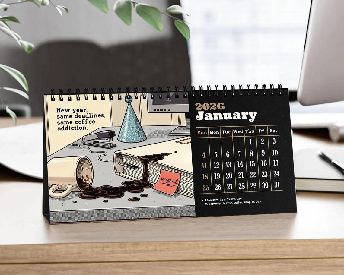 Funny 2026 Desk Calendar | Dark Humor Illustrated Office Gift for Coworkers