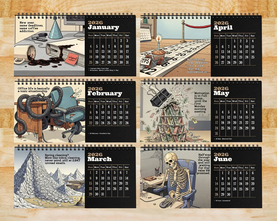 Funny 2026 Desk Calendar | Dark Humor Illustrated Office Gift for Coworkers
