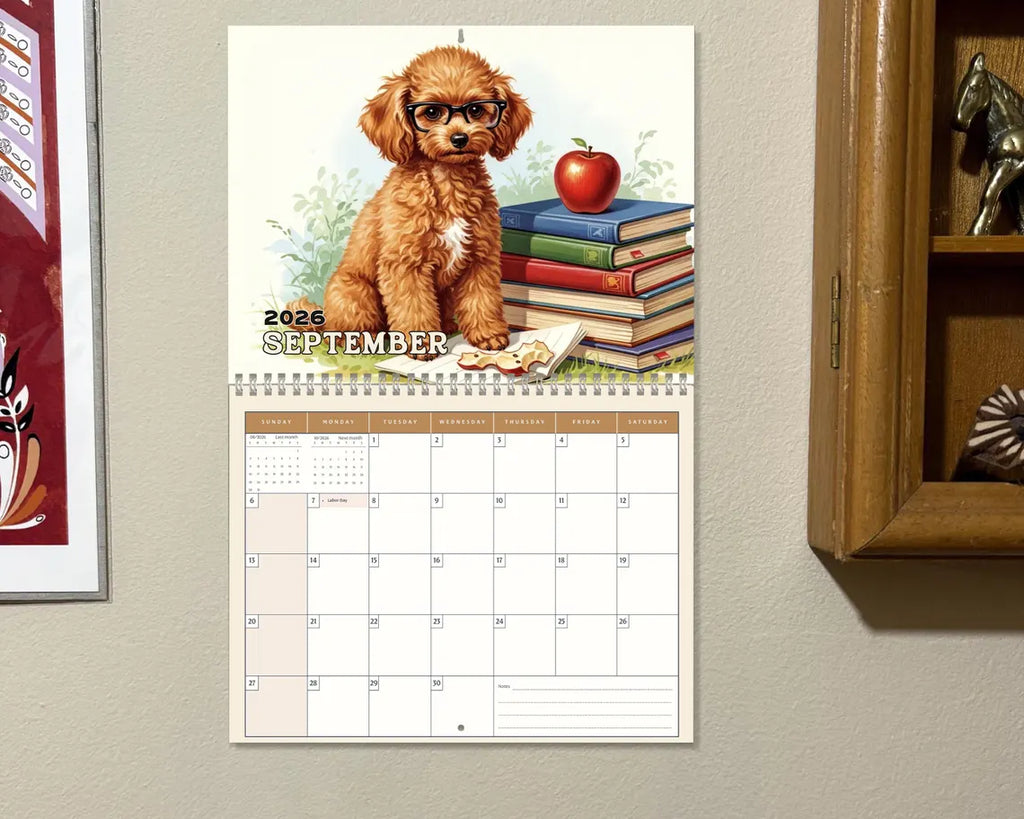 Poodle Dog 2026 Wall Calendar | Vintage Puppy Art Whimsical Dog Mom Gift