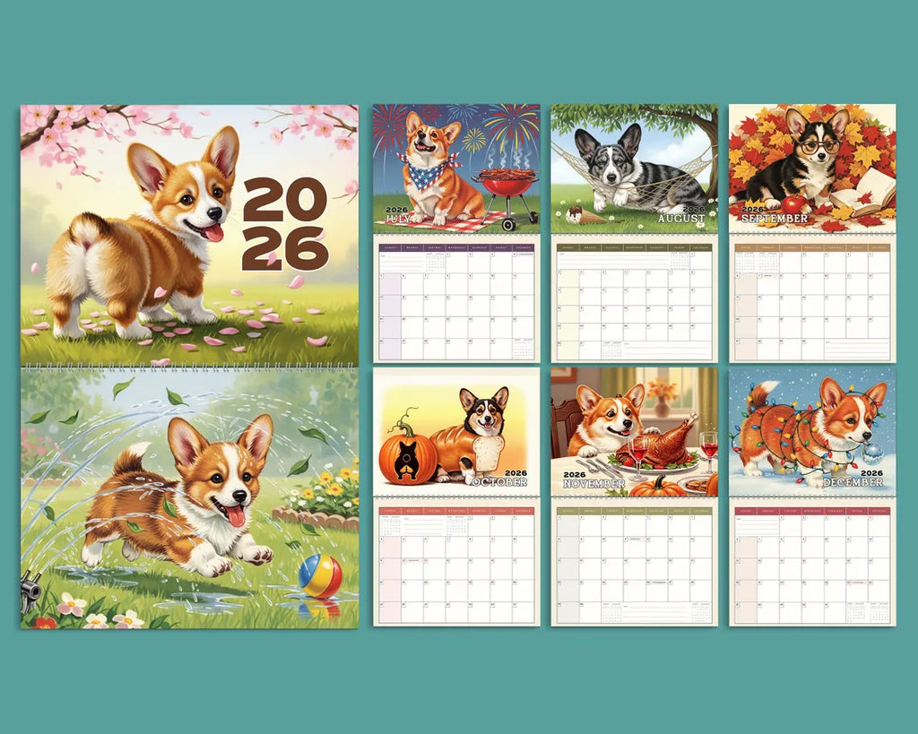 Cute Corgi 2026 Wall Calendar, Floral Dog Art Gift, Cherry Blossom Puppy Decor