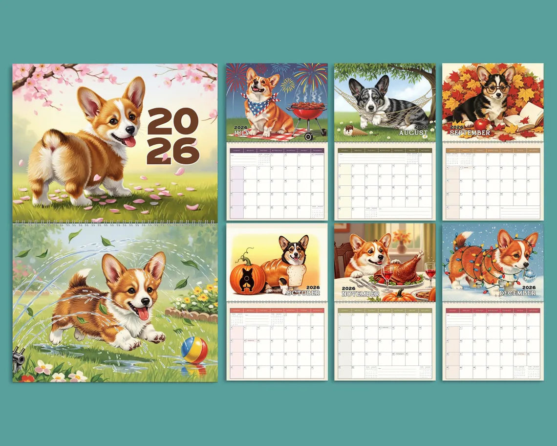 Cute Corgi 2026 Wall Calendar, Floral Dog Art Gift, Cherry Blossom Puppy Decor