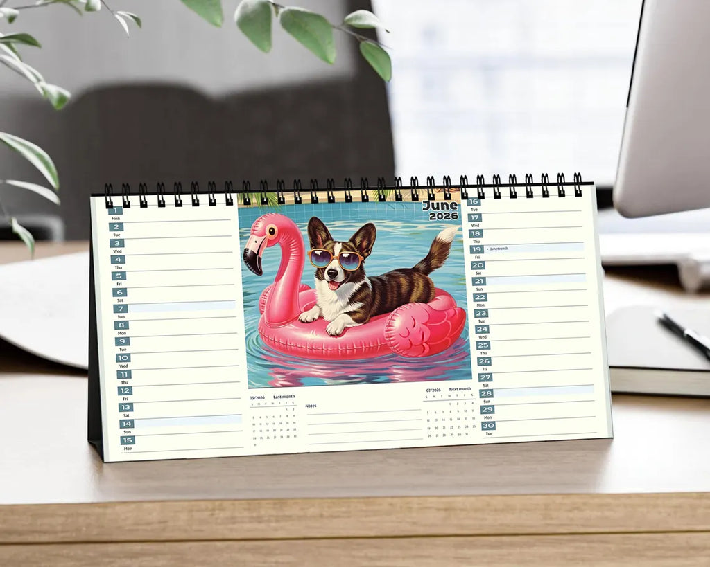 Cute Corgi 2026 Desk Calendar, Kawaii Dog Lover Gift, Cherry Blossom Office Decor