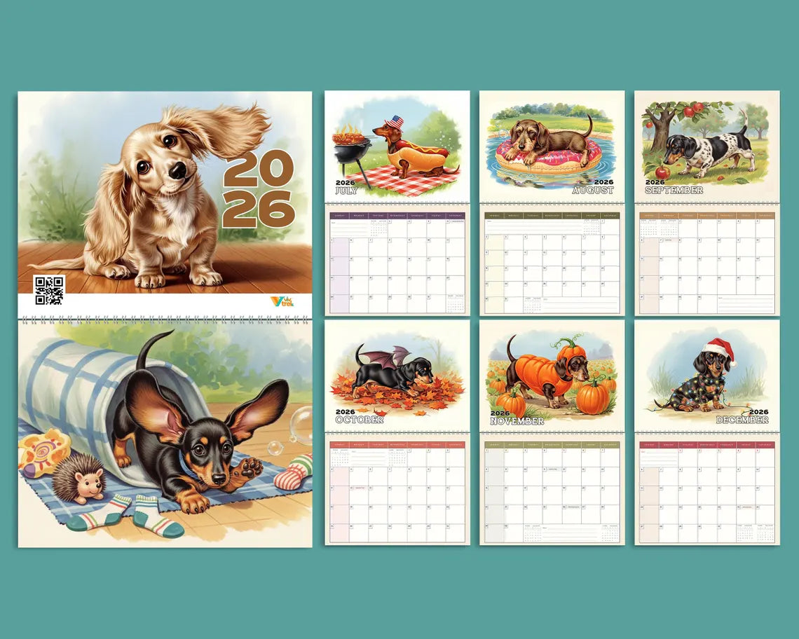 Dachshund Dog 2026 Wall Calendar | Sausage Dog Monthly Planner Gift Her