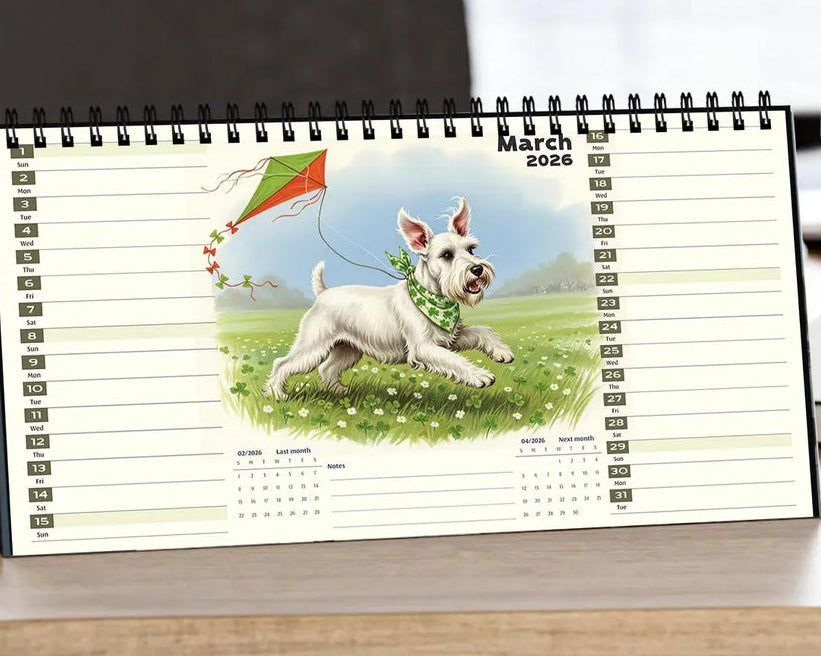 Desk calendar with a dog illustration on a desk