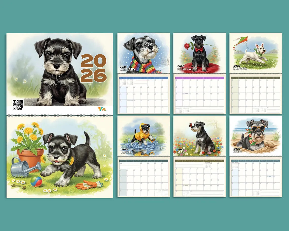 Cute Miniature Schnauzer 2026 Wall Calendar, Dog Mom Gift, Puppy Planner Art