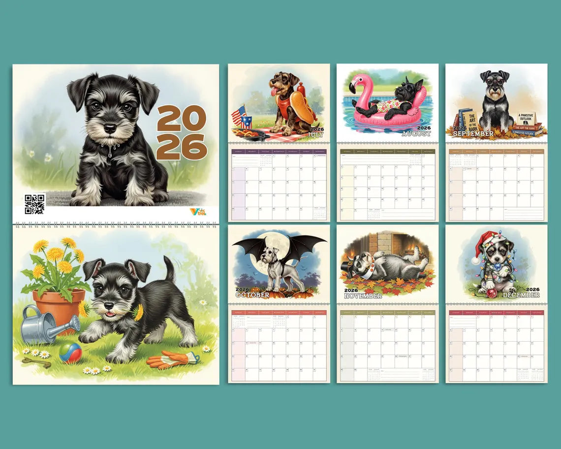 Cute Miniature Schnauzer 2026 Wall Calendar, Dog Mom Gift, Puppy Planner Art