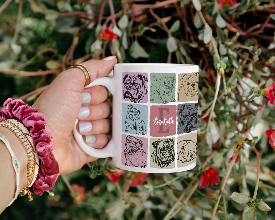 Custom Initial Name Mug | Personalized English Bulldog Lover Cup | Retro Vintage Coffee Mug | Funny Dog Owner Gift | Unique Pet Present