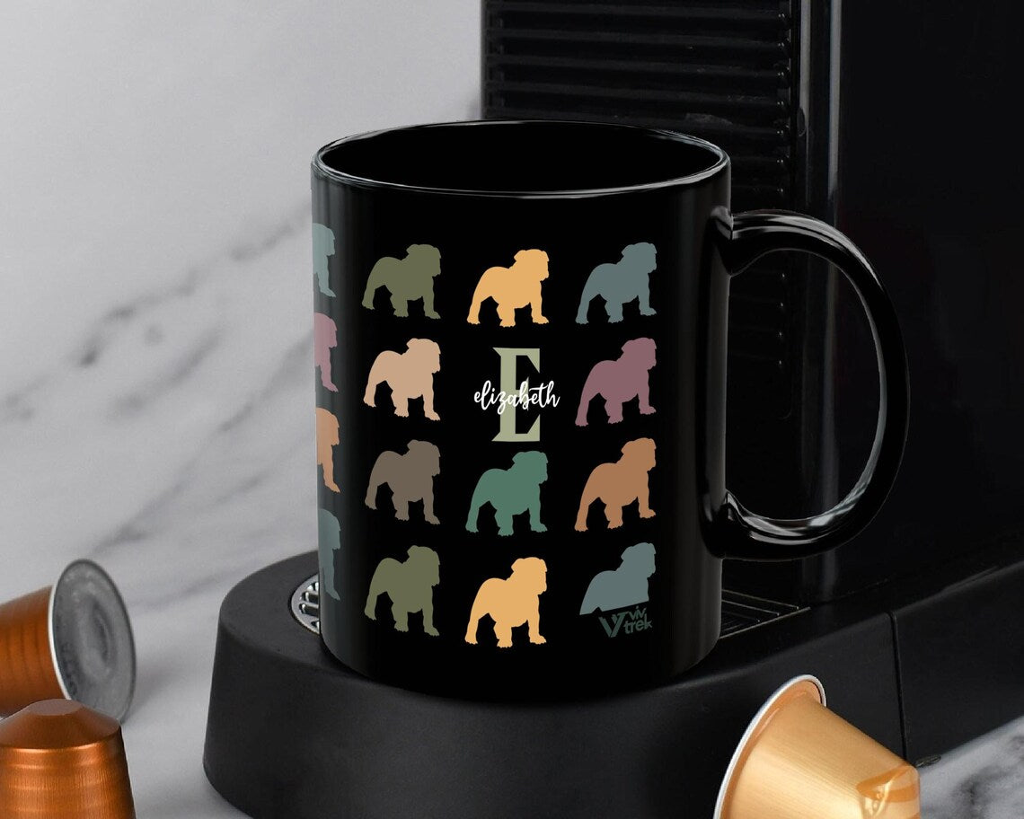 Custom Name Bulldog Mug | Personalized Initial Retro Dog Lover Cup | Funny English Bulldog Owner Gift | Cute Pet Lover Vintage Dog Gift