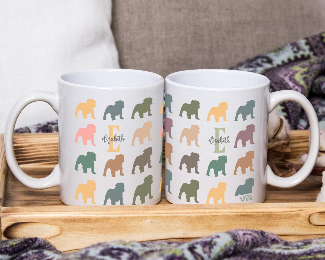 Custom Name Bulldog Mug | Personalized Initial Retro Dog Lover Cup | Funny English Bulldog Owner Gift | Cute Pet Lover Vintage Dog Gift