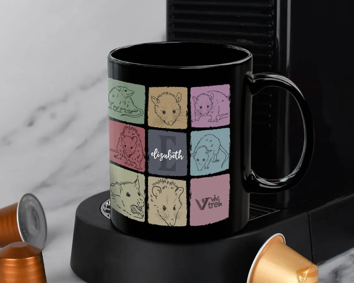 Custom Initial Name Possum Mug – Personalized Retro Opossum Cup – Funny Wildlife Owner Gift