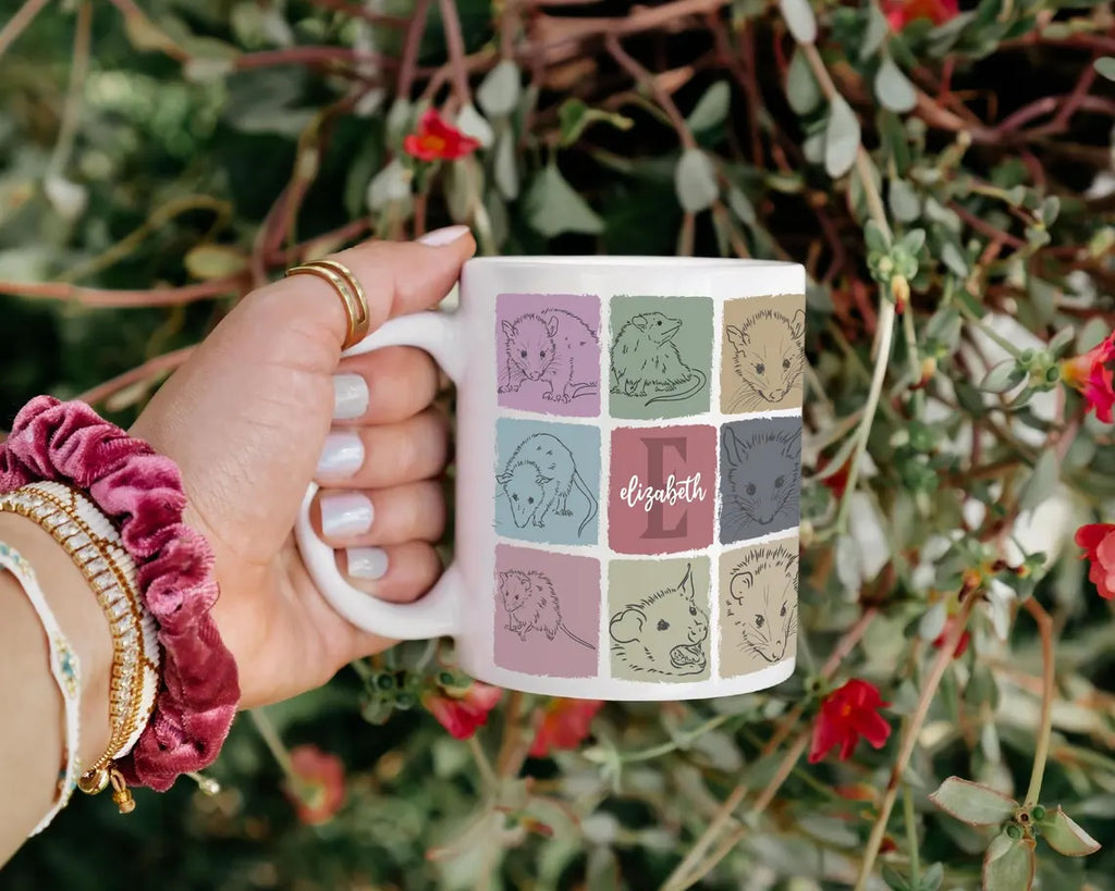 Custom Initial Name Possum Mug – Personalized Retro Opossum Cup – Funny Wildlife Owner Gift