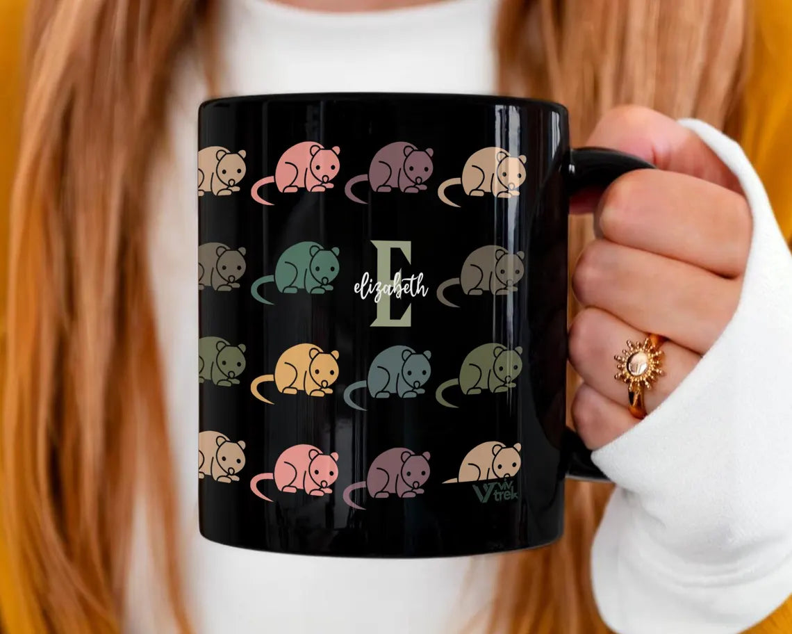 Custom Initial Name Possum Mug – Personalized Retro Opossum Coffee Cup – Funny Animal Lover Gift