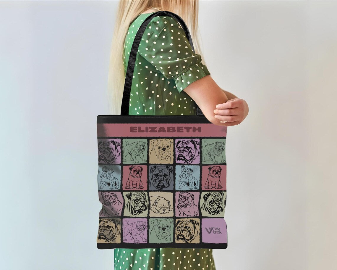 Custom Name English Bulldog Tote Bag, Personalized Retro Dog Lover Shoulder Bag, Vintage Cute Everyday Carry Bag, Stylish Custom Bulldog Tote
