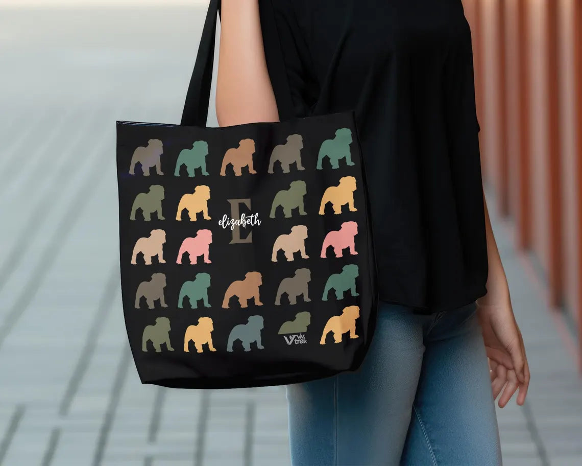Custom Name Retro Bulldog Tote Bag | Personalized Vintage Shoulder Bag for Dog Lovers | Cute Pet Owner Gift | Stylish English Bulldog Shopper