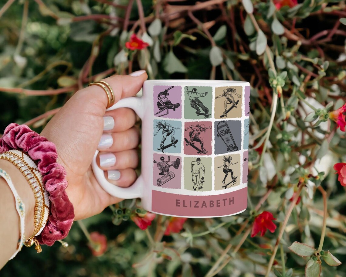 Custom Name Skateboarding Mug, Personalized Skater Coffee Cup, Vintage Skateboarder Gift, Custom Initial Mug, Colorful Skater Gift Idea