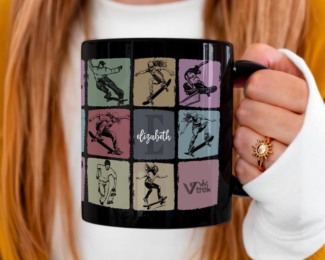Personalized Vintage Skateboarding Mug, Custom Initial Name Coffee Cup, Colorful Skater Gift for Him or Her, Unique Skateboard Lover Gift