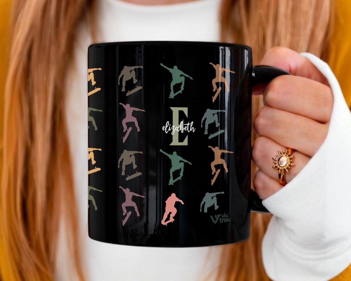 Personalized Retro Skateboarding Mug, Custom Initial Name Coffee Cup, Colorful Skater Gift for Him or Her, Unique Skateboarder Gift Idea