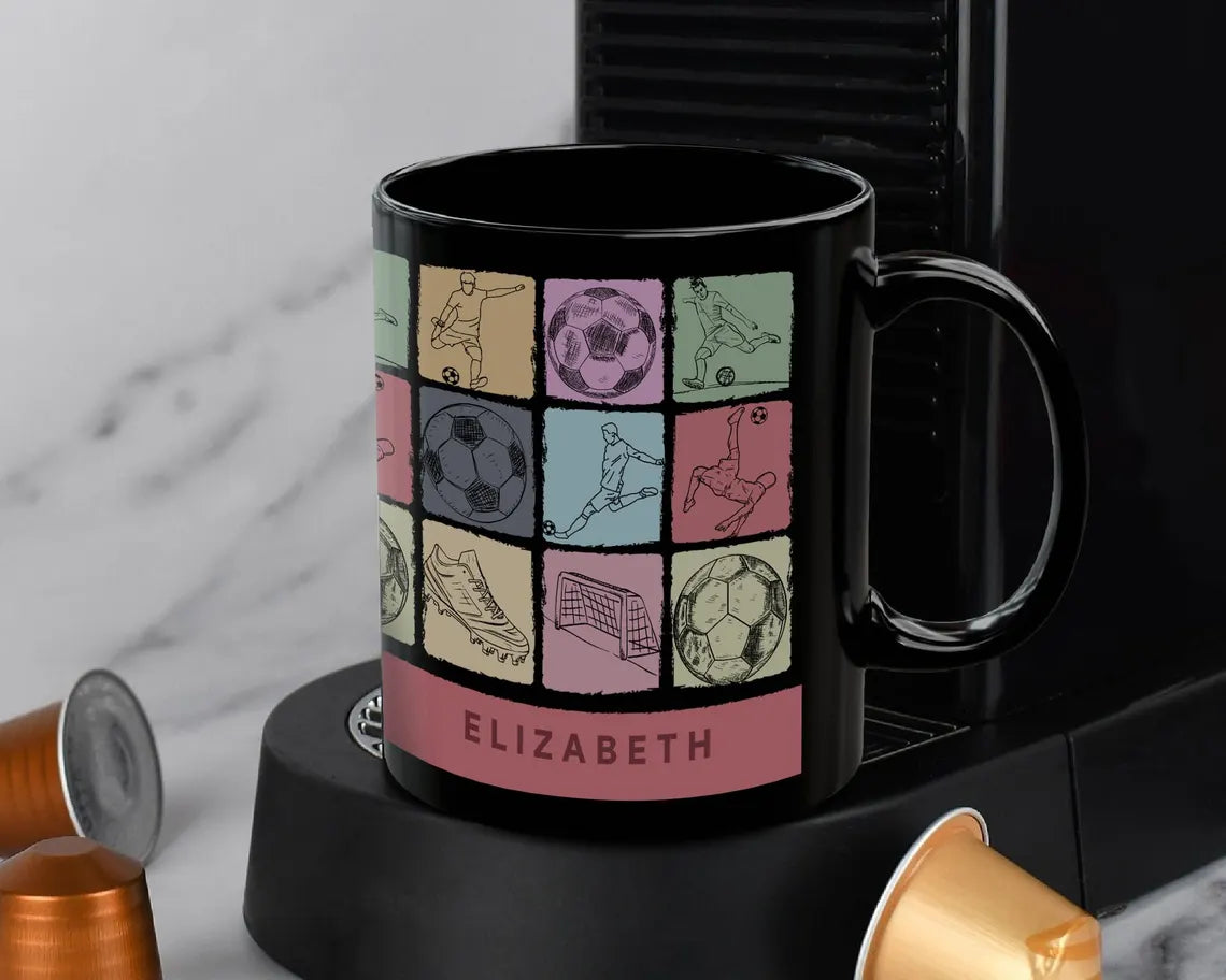Vintage Custom Name Soccer Coffee Mug, Personalized Soccer Fan Gift, Colorful Initial Mug, Unique Soccer Player Gift for Coffee Lovers