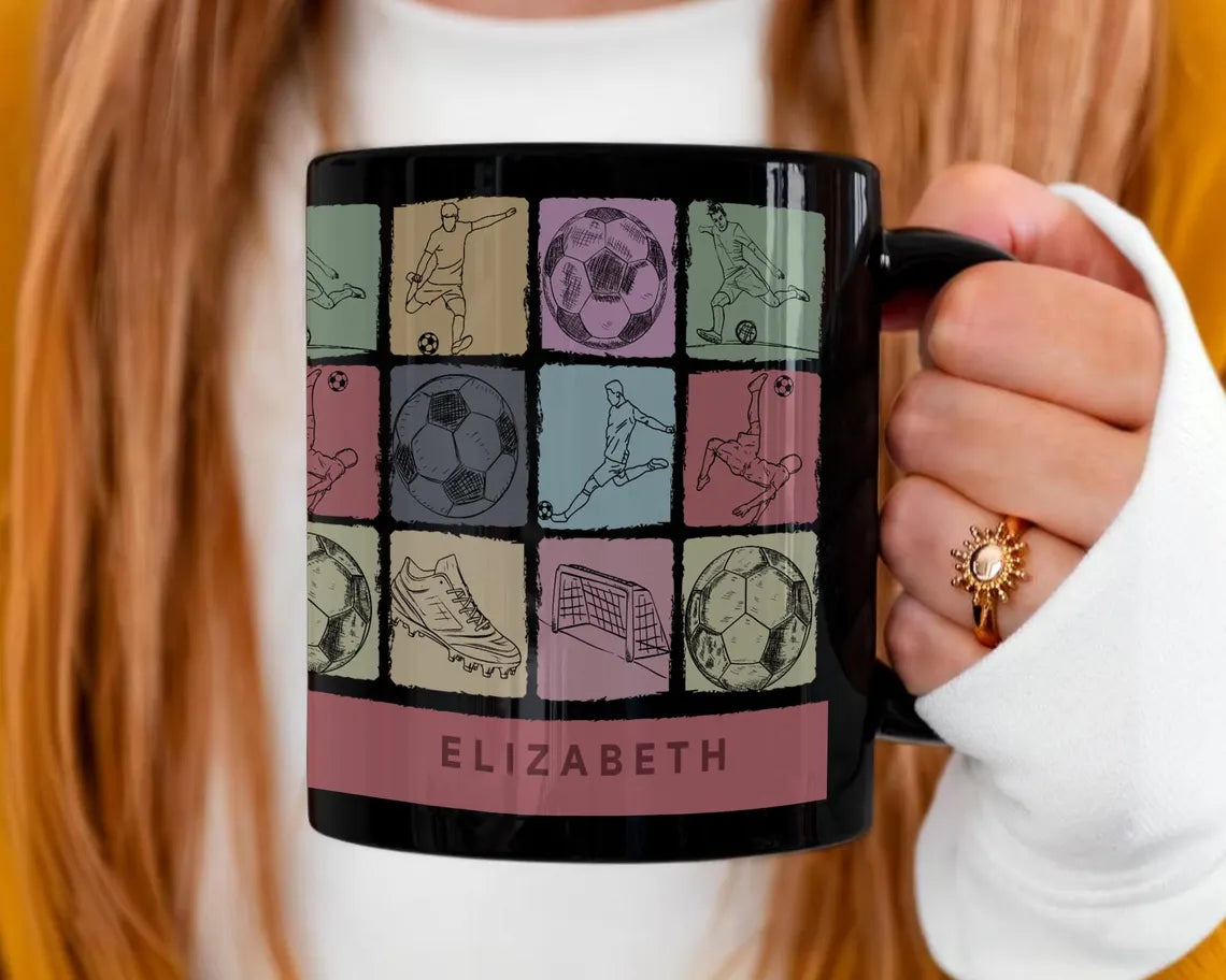 Vintage Custom Name Soccer Coffee Mug, Personalized Soccer Fan Gift, Colorful Initial Mug, Unique Soccer Player Gift for Coffee Lovers