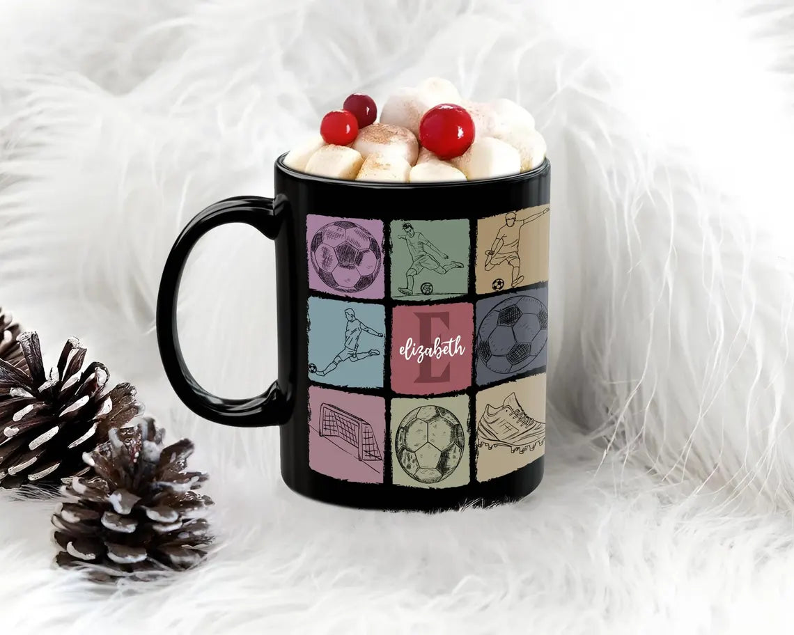 Vintage Custom Initial Name Squirrel Mug, Personalized Soccer Coffee Cup, Colorful Soccer Fan Gift, Custom Name Sports Lover Present