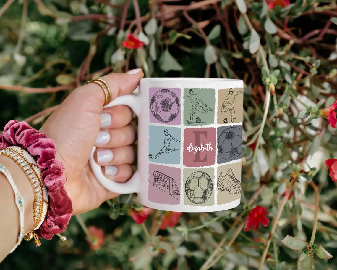 Vintage Custom Initial Name Squirrel Mug, Personalized Soccer Coffee Cup, Colorful Soccer Fan Gift, Custom Name Sports Lover Present