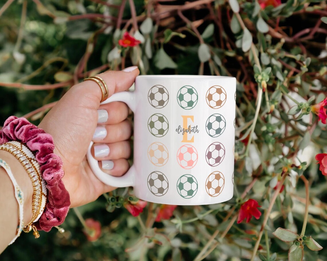 Retro Squirrel Mug with Custom Initial Name, Personalized Soccer Coffee Cup, Colorful Soccer Fan Gift, Unique Soccer Player Coffee Present