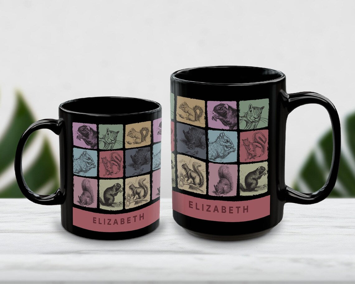 Vintage Custom Name Squirrel Coffee Mug, Personalized Squirrel Lover Gift, Colorful Custom Name Mug for Coffee & Nature Enthusiasts