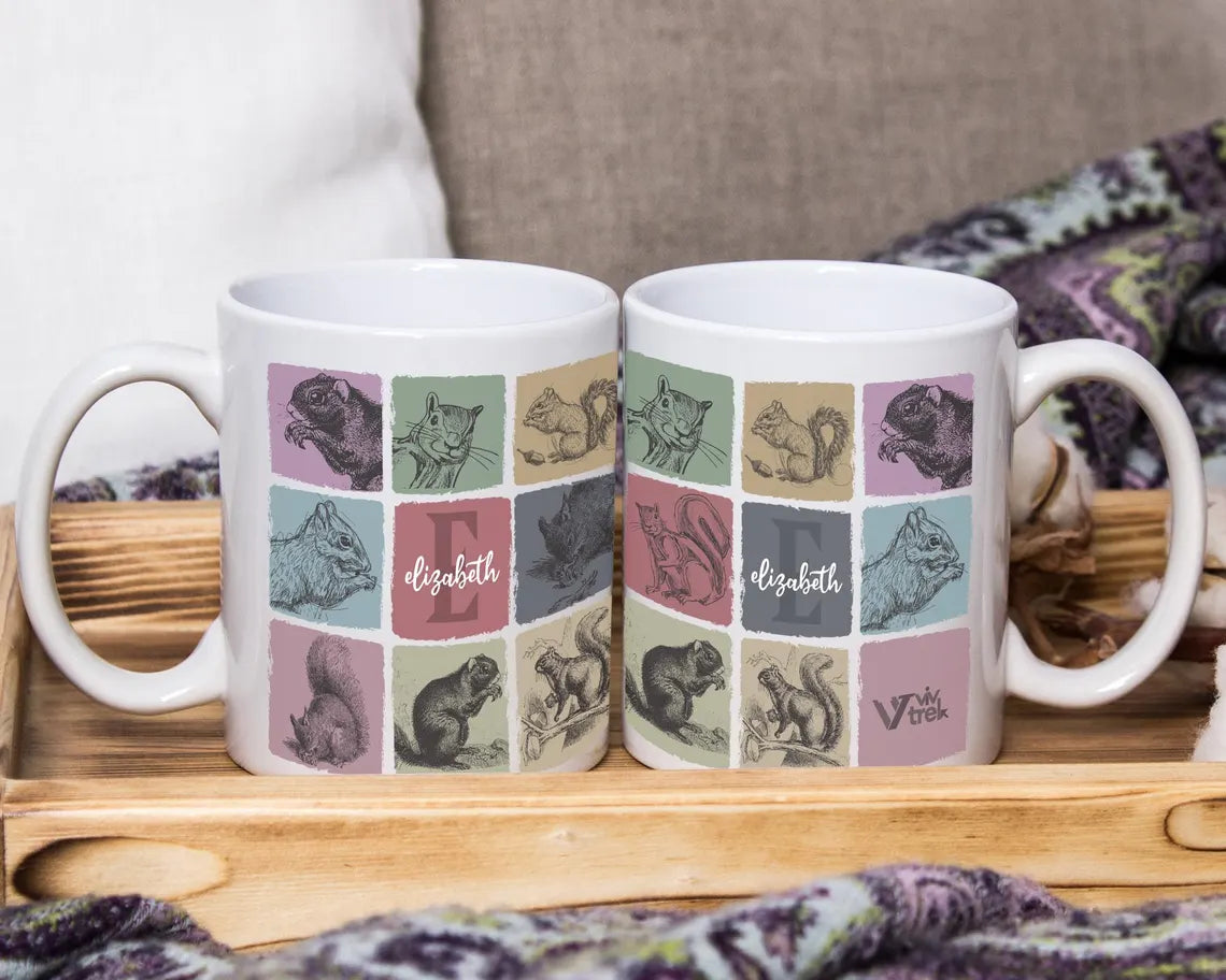 Vintage Custom Name Initial Squirrel Coffee Mug, Personalized Squirrel Lover Gift, Colorful Custom Initial Mug for Coffee & Nature Fans