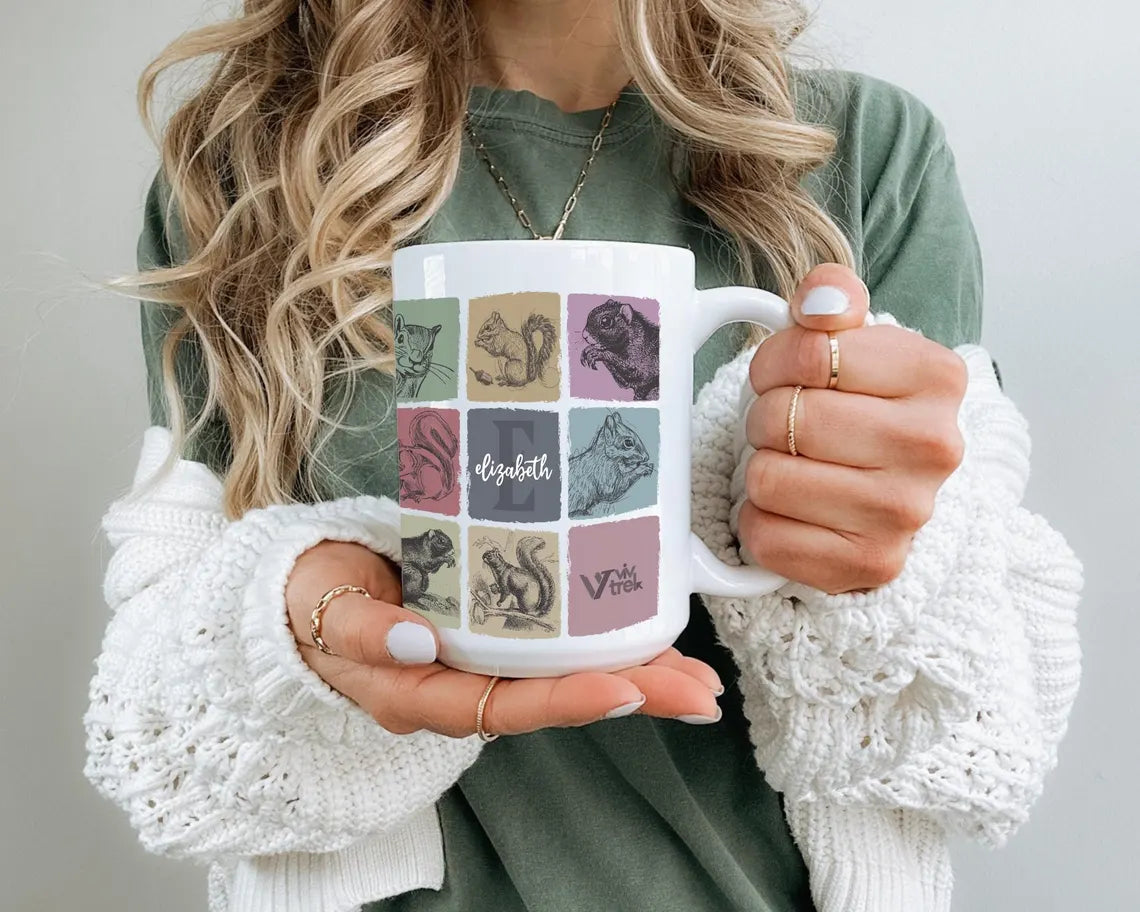 Vintage Custom Name Initial Squirrel Coffee Mug, Personalized Squirrel Lover Gift, Colorful Custom Initial Mug for Coffee & Nature Fans