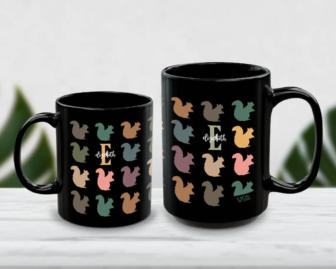Personalized Custom Initial Name Mug, Retro Squirrel Coffee Mug, Colorful Squirrel Lover Gift, Custom Name Coffee Mug for Nature Fans