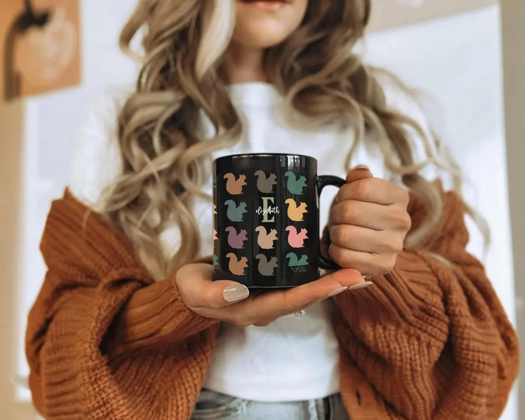 Personalized Custom Initial Name Mug, Retro Squirrel Coffee Mug, Colorful Squirrel Lover Gift, Custom Name Coffee Mug for Nature Fans