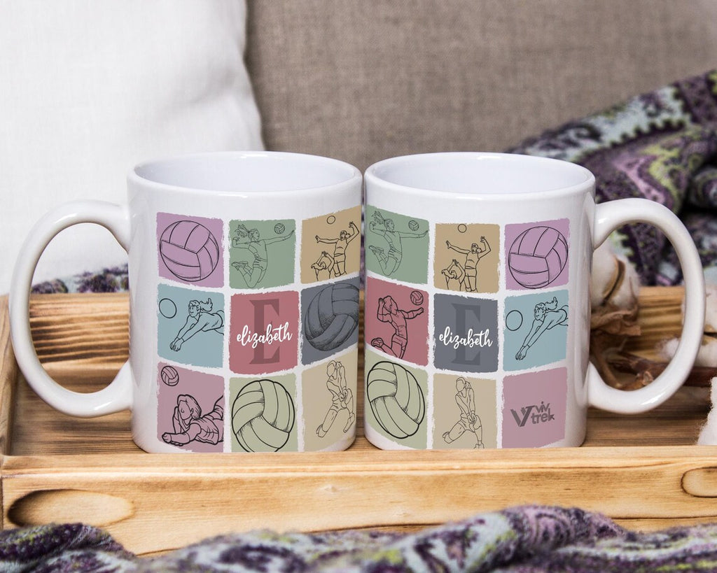 Custom Name Volleyball Coffee Mug, Personalized Initial Volleyball Gift, Vintage Sports Lover Mug, Team Volleyball Gift for Players