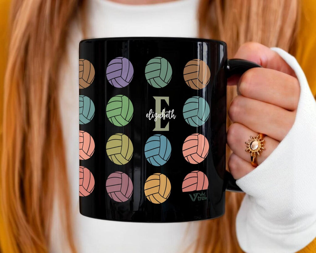 Retro Custom Name Volleyball Coffee Mug, Personalized Initial Volleyball Gift, Vintage Sports Lover Mug, Team Volleyball Gift for Players