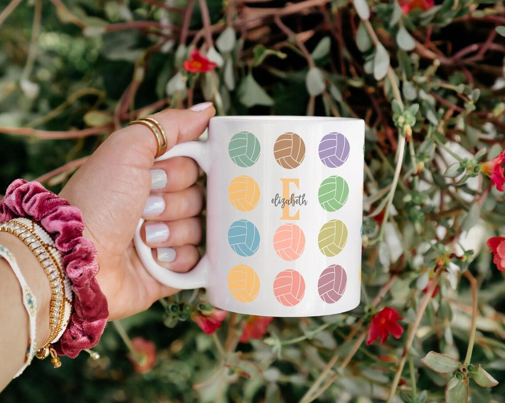 Retro Custom Name Volleyball Coffee Mug, Personalized Initial Volleyball Gift, Vintage Sports Lover Mug, Team Volleyball Gift for Players