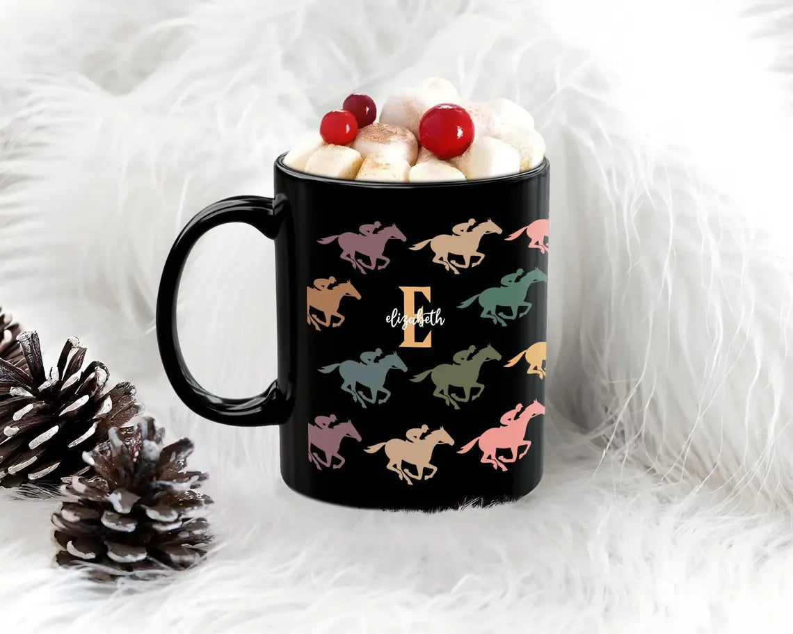 Custom Initial Name Horse Racing Mug – Retro Personalized Coffee Cup – Sporty Drinkware Gift for Fans