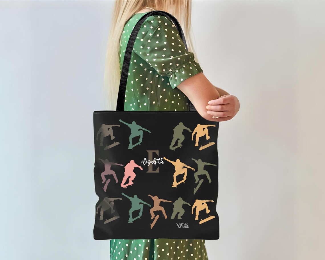 Custom Initial Name Skateboarding Tote Bag – Personalized Retro Skateboard Gift for Teens Boys Girls