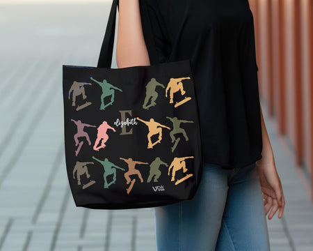 Custom Initial Name Skateboarding Tote Bag – Personalized Retro Skateboard Gift for Teens Boys Girls